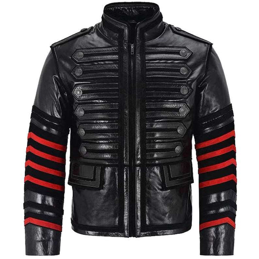 Men's black gothic military style leather jacket with stand collar, featured in a gothic jacket buying guide