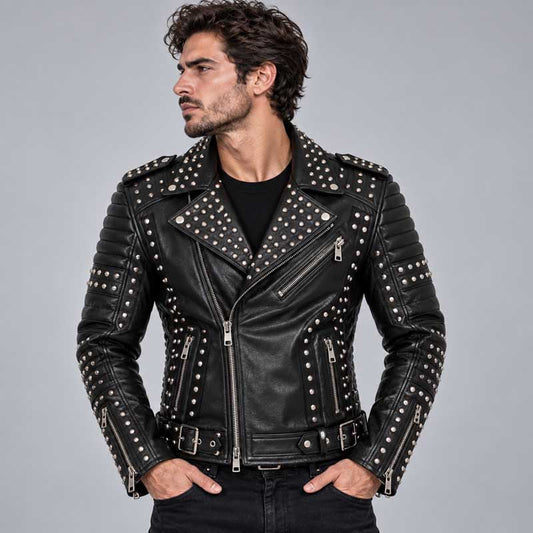 Black genuine leather biker jacket with silver studs, the type of jacket covered in this home cleaning guide