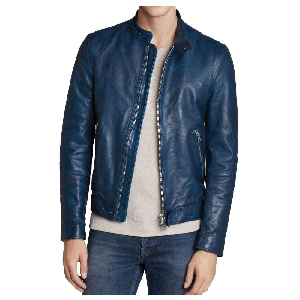 Blue Slim Fit Genuine Fashion Leather Jacket Mens