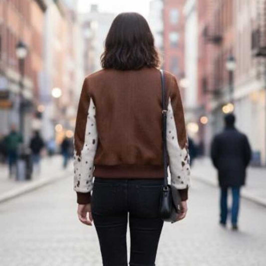 100% genuine hair-on cowhide bomber featuring durable YKK zipper and ribbed trim for women