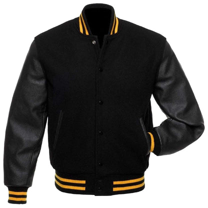 Black Wool Real Leather Sleeves Varsity Jacket