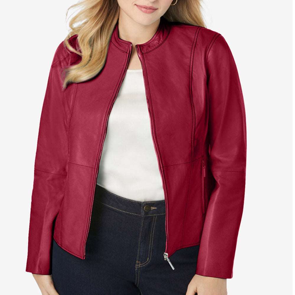 Chubby Women Red Fashion Leather Jacket