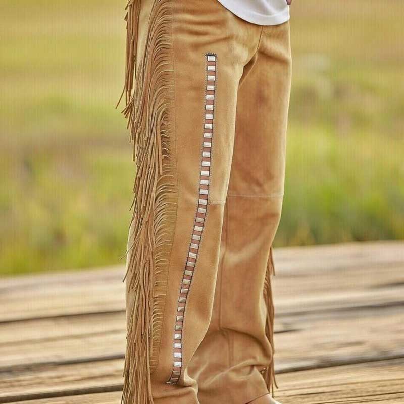 Artisan beaded leather trousers in soft suede with traditional Western cowboy heritage