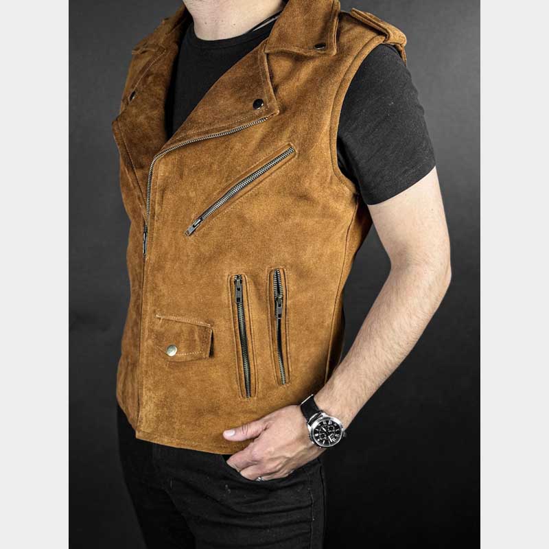 Authentic cowboy suede leather vest in brown color full body view by Jackets Kingdom
