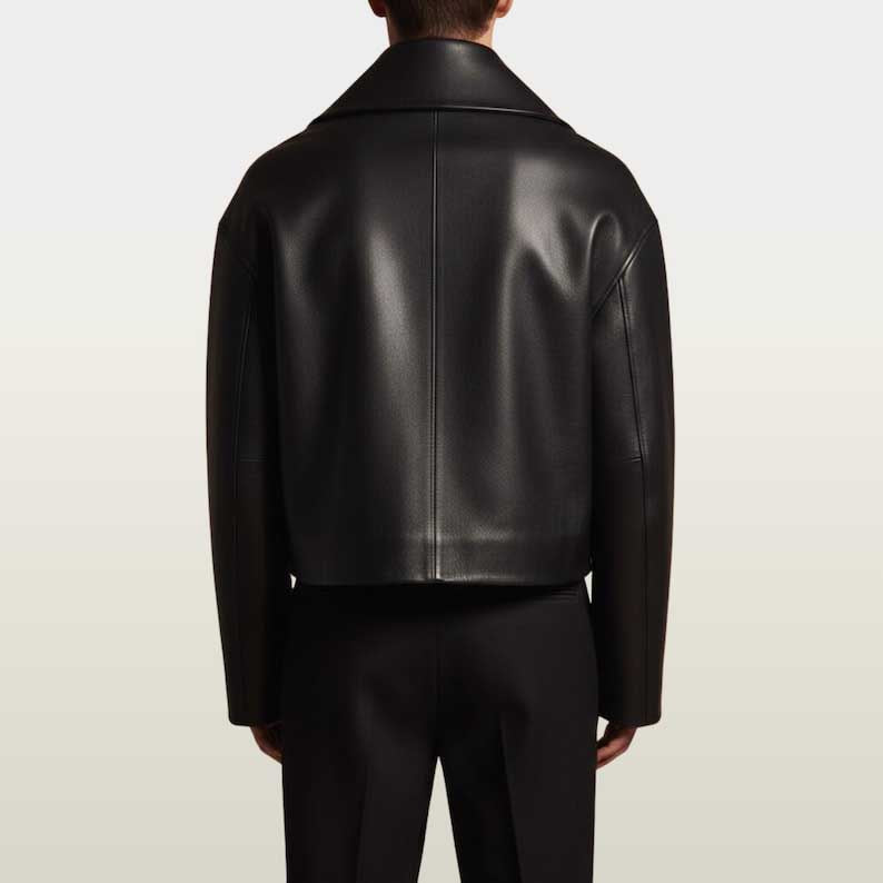 Avant-garde men's leather jacket featuring asymmetrical wrap design and boxy silhouette by Jackets Kingdom