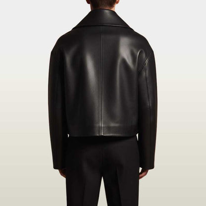 Avant-garde men's leather jacket featuring asymmetrical wrap design and boxy silhouette by Jackets Kingdom