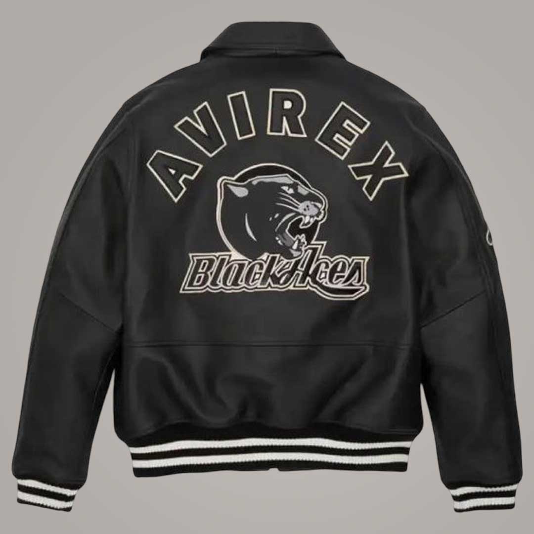 Avirex Black Aces Sheepskin Leather Bomber Jacket Front View by Jackets Kingdom