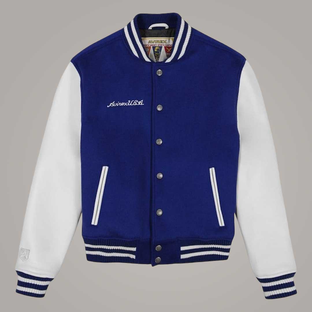 Avirex Blue Icon Wool and Sheepskin Leather USA Varsity Bomber Jacket Front View by Jackets Kingdom