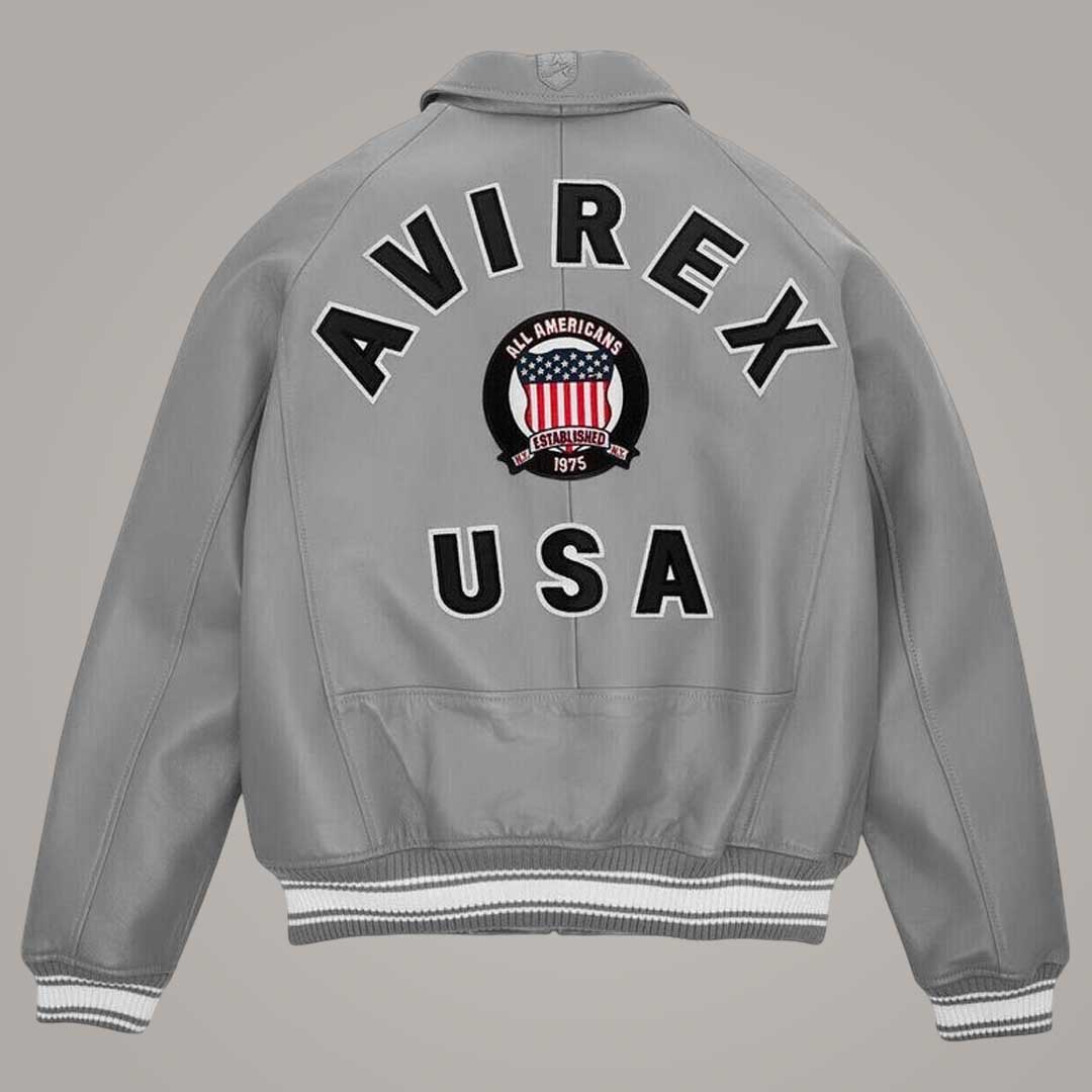 Avirex Grey American Flight Sheepskin Leather Varsity Jacket Front View by Jackets Kingdom