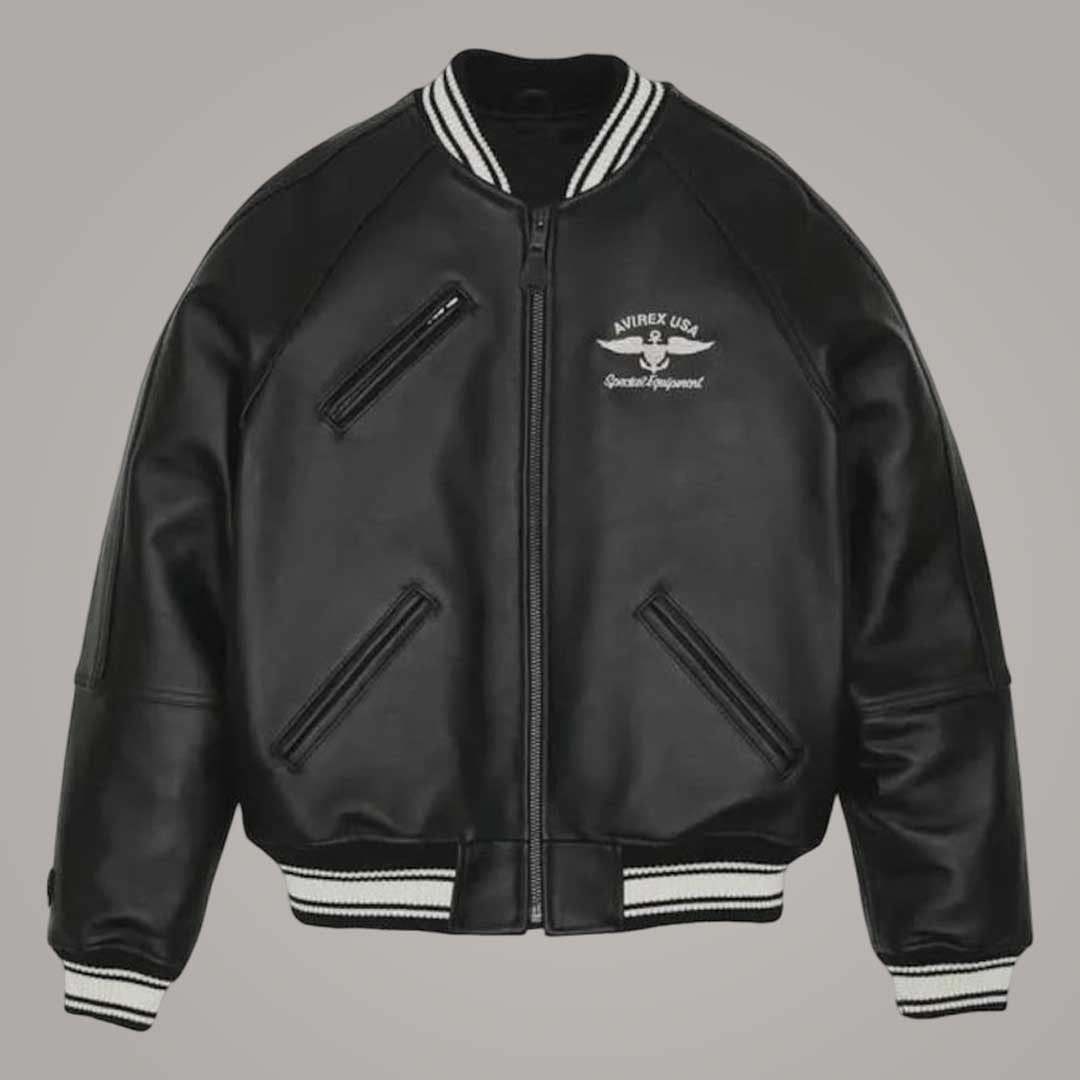 Avirex Stadium USA Black Genuine Leather Flying Bomber Jacket Front View by Jackets Kingdom