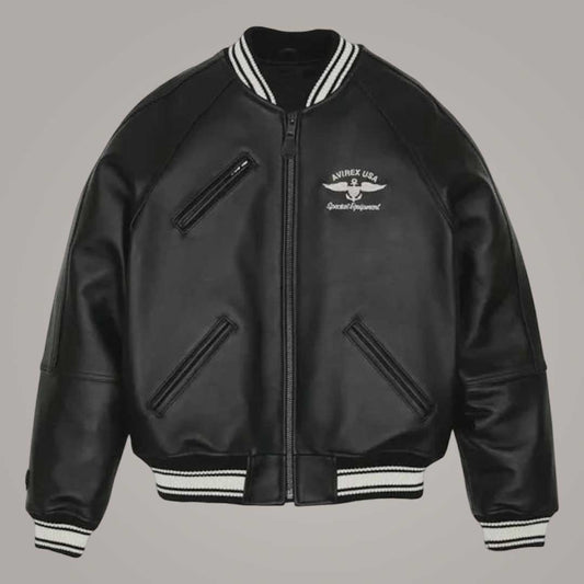Avirex Stadium USA Black Genuine Leather Flying Bomber Jacket Front View by Jackets Kingdom
