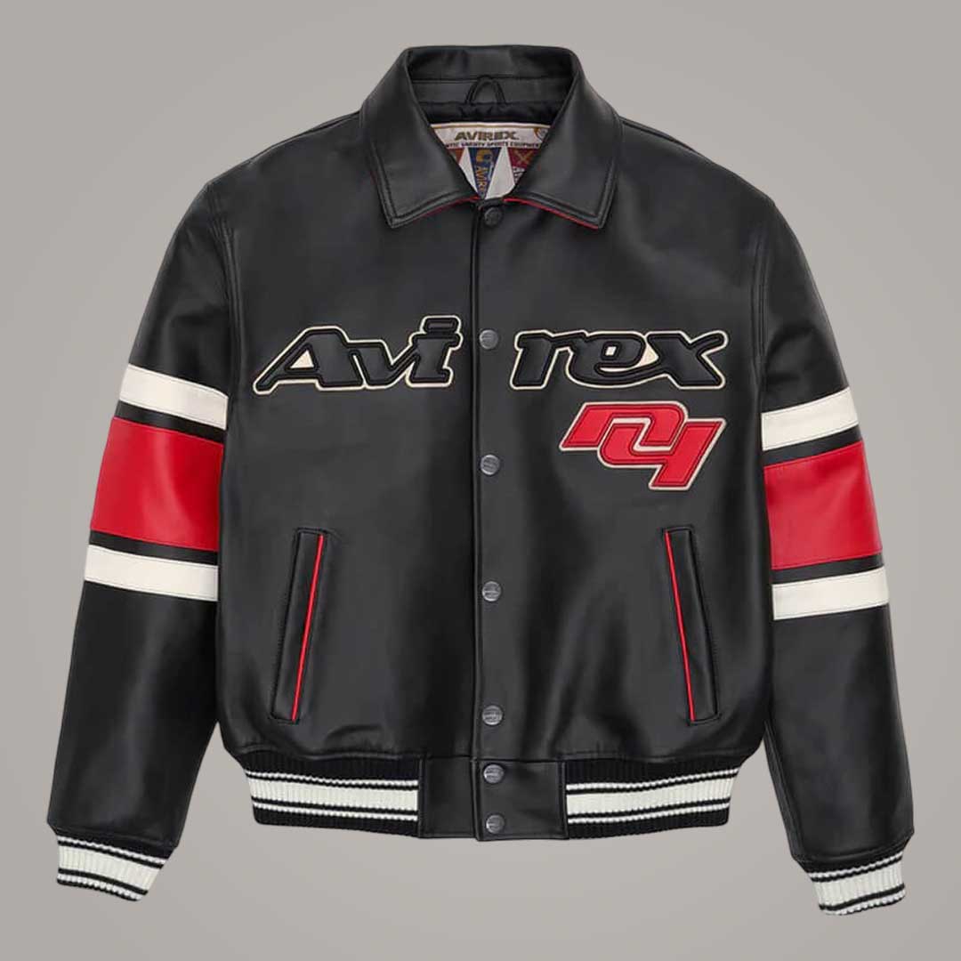 Avirex The Legend Black Letterman Leather Jacket Front View by Jackets Kingdom
