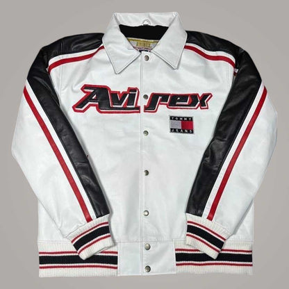 Avirex Tommy Jeans White Sheepskin Leather Flight Bomber Jacket Front View by Jackets Kingdom