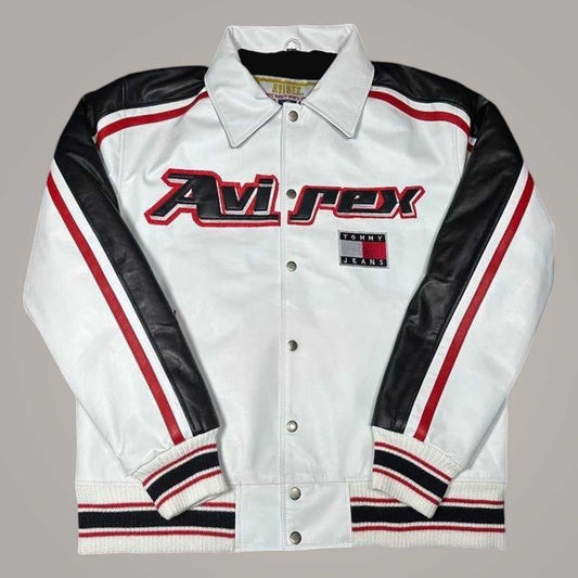 Avirex Tommy Jeans White Sheepskin Leather Flight Bomber Jacket Front View by Jackets Kingdom