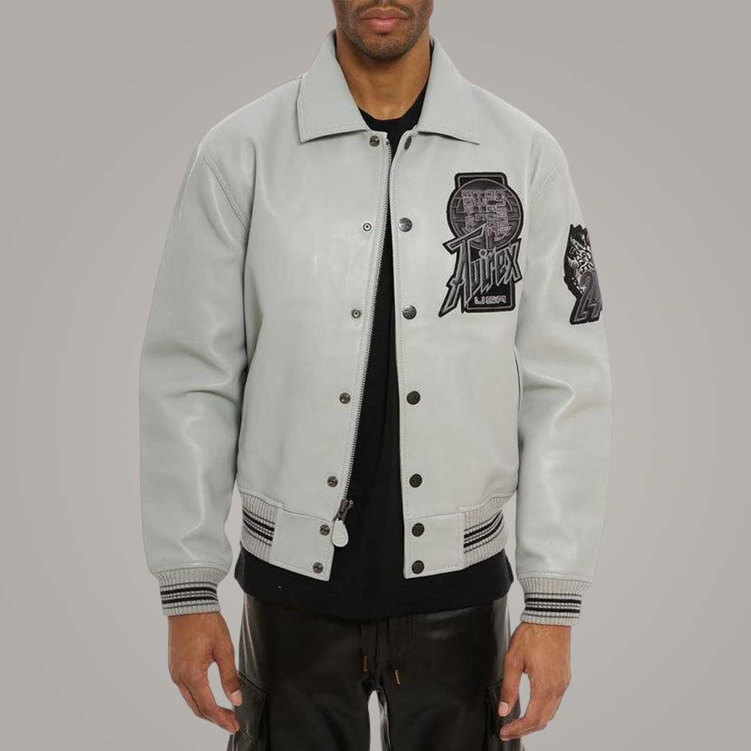 Avirex Twin Dragon Grey Leather Varsity Bomber Jacket Back View by Jackets Kingdom