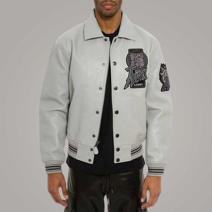 Avirex Twin Dragon Grey Leather Varsity Bomber Jacket Back View by Jackets Kingdom