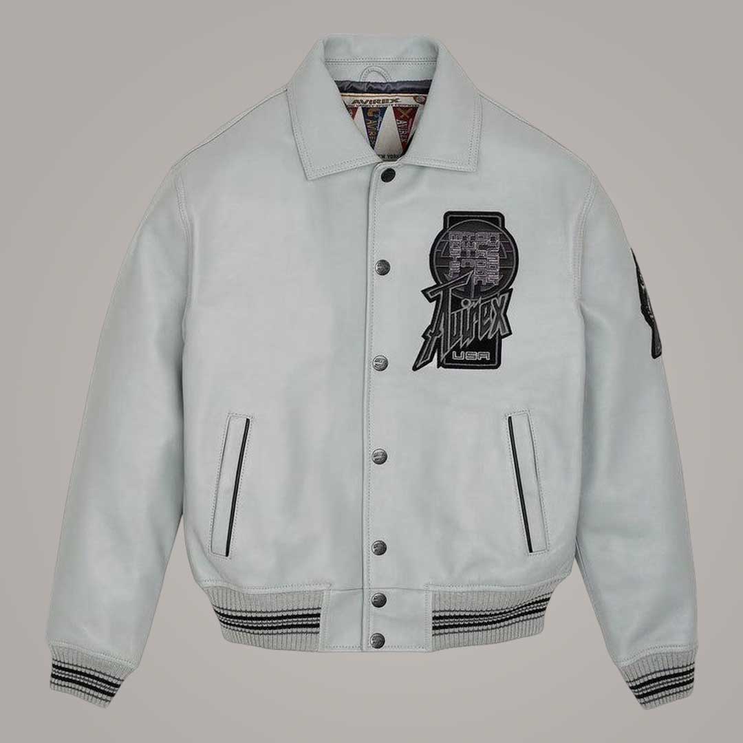 Avirex Twin Dragon Grey Sheepskin Leather Varsity Bomber Jacket Front View by Jackets Kingdom