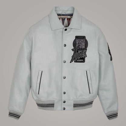 Avirex Twin Dragon Grey Sheepskin Leather Varsity Bomber Jacket Front View by Jackets Kingdom