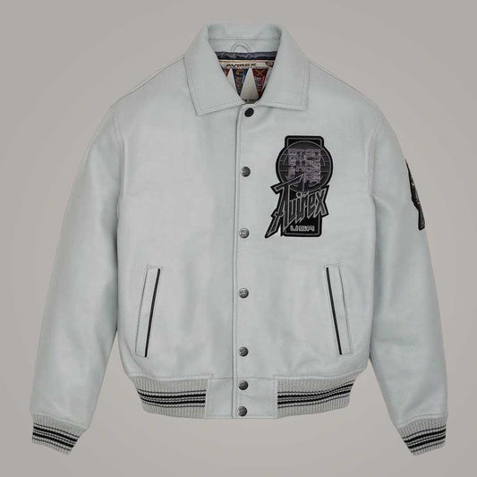 Avirex Twin Dragon Grey Sheepskin Leather Varsity Bomber Jacket Front View by Jackets Kingdom