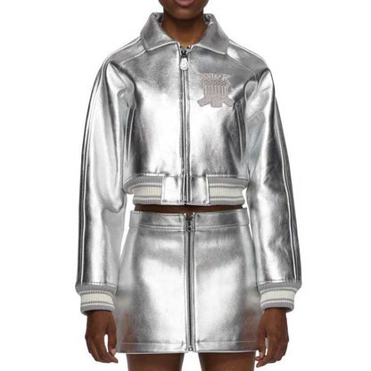 Avirex Womens Metallic Silver Cowhide Leather Cropped Jacket and Skirt Set
