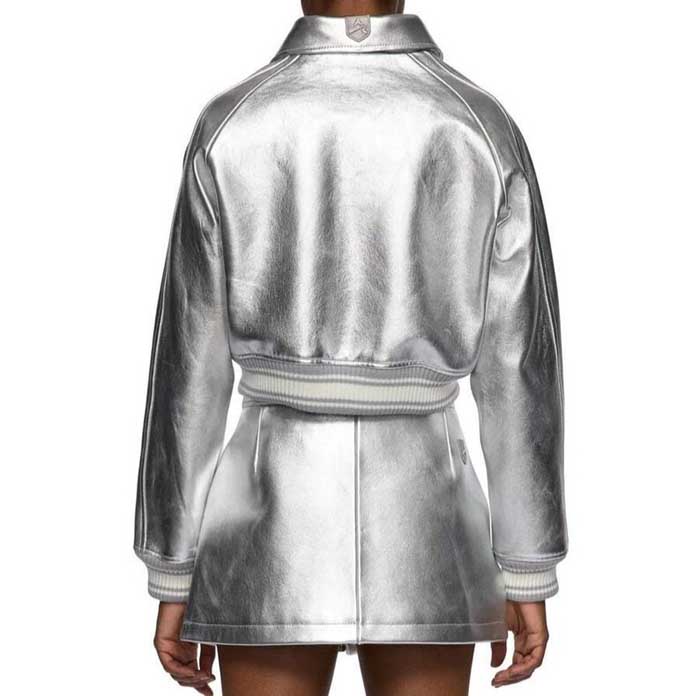 Avirex Womens Metallic Silver Cowhide Leather Cropped Jacket and Skirt Set