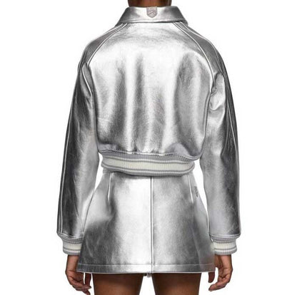 Avirex Womens Metallic Silver Cowhide Leather Cropped Jacket and Skirt Set