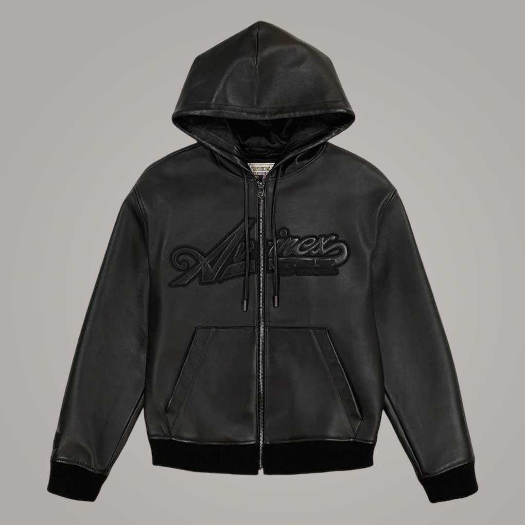 Avirex black leather hoodie jacket front view with zip closure by Jackets Kingdom