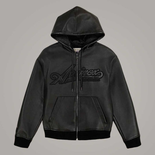 Avirex black leather hoodie jacket front view with zip closure by Jackets Kingdom