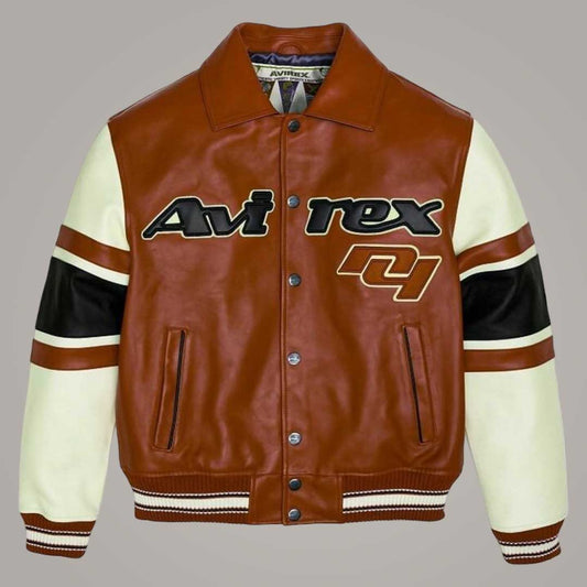 Avirex brown sheepskin leather flight bomber jacket front view by Jackets Kingdom
