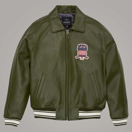 Avirex green sheepskin leather flight bomber jacket front view by Jackets Kingdom