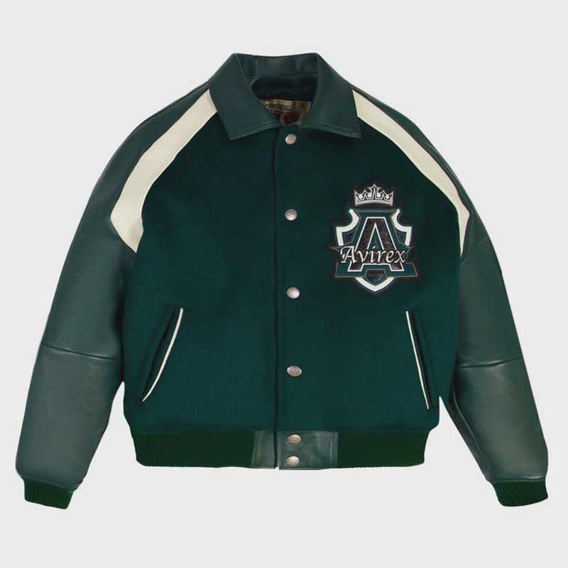 Avirex green varsity bomber jacket with emerald wool body and genuine leather sleeves