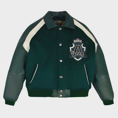 Avirex green varsity bomber jacket with emerald wool body and genuine leather sleeves