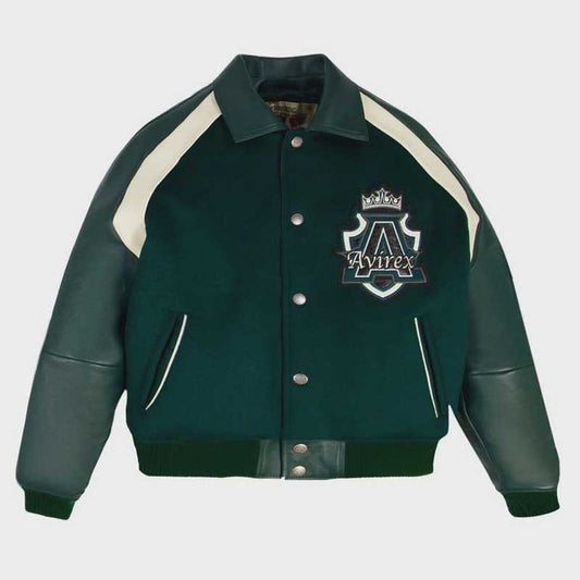 Avirex green varsity bomber jacket with emerald wool body and genuine leather sleeves