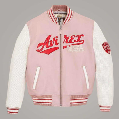 Avirex light pink sheepskin leather bomber jacket front view by Jackets Kingdom