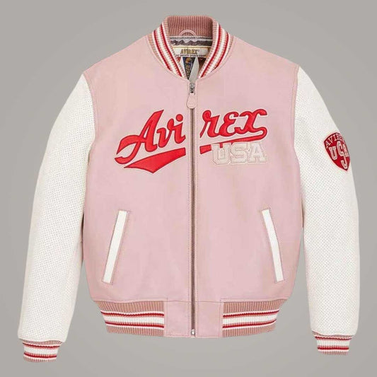 Avirex light pink sheepskin leather bomber jacket front view by Jackets Kingdom
