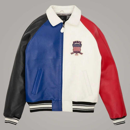 Avirex multicolor icon sheepskin leather bomber jacket front view by Jackets Kingdom