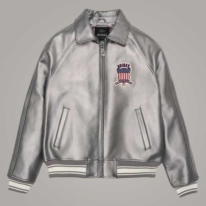 Avirex silver sheepskin leather flight bomber jacket front view by Jackets Kingdom