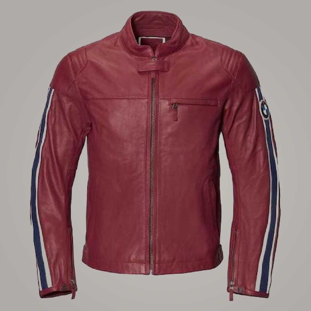 BMW Maroon Leather Cafe Racer Jacket Front View by Jackets Kingdom