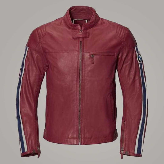 BMW Maroon Leather Cafe Racer Jacket Front View by Jackets Kingdom