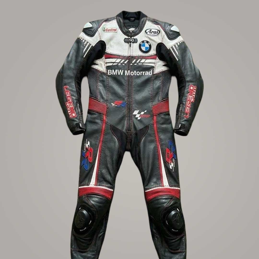 BMW Motorrad Leather Motorcycle Racing Suit Front View with CE Armor by Jackets Kingdom