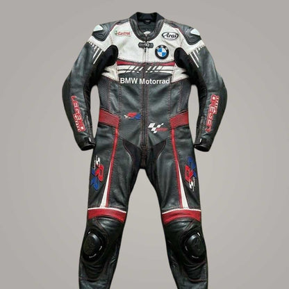 BMW Motorrad Leather Motorcycle Racing Suit Front View with CE Armor by Jackets Kingdom