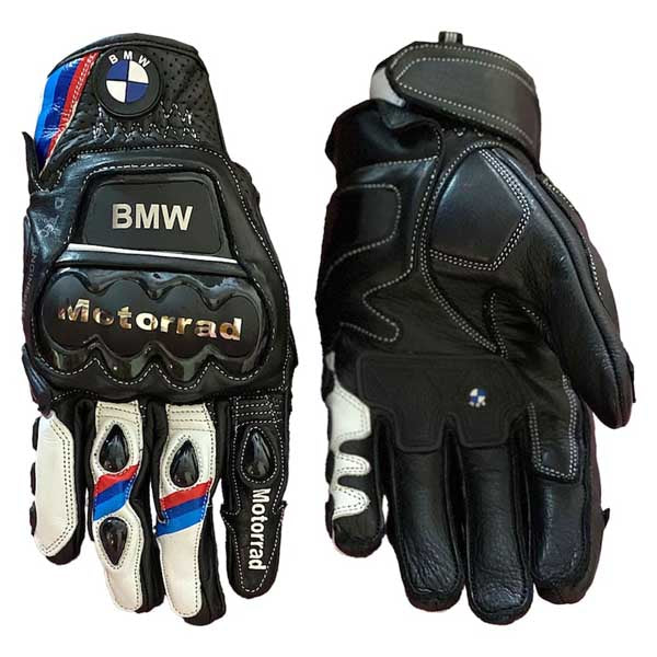 BMW Motorrad racing leather gloves in black white red and blue colorway by Jackets Kingdom