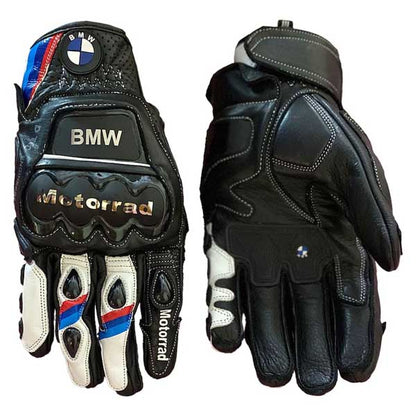 BMW Motorrad racing leather gloves in black white red and blue colorway by Jackets Kingdom