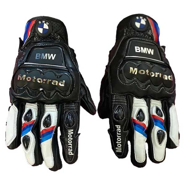 BMW Motorrad racing leather gloves in black white red and blue colorway by Jackets Kingdom