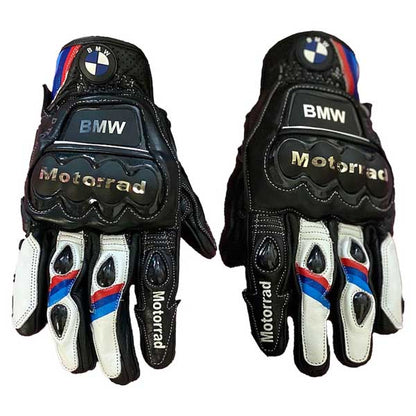 BMW Motorrad racing leather gloves in black white red and blue colorway by Jackets Kingdom