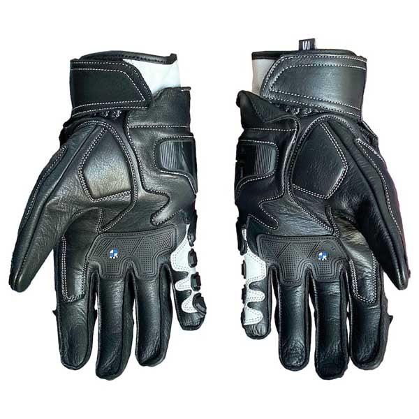 BMW Motorrad racing leather gloves in black white red and blue colorway by Jackets Kingdom