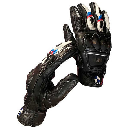 BMW Motorrad racing leather gloves in black white red and blue colorway by Jackets Kingdom