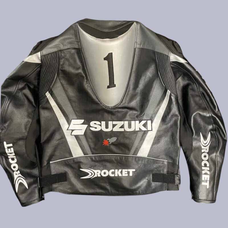 Back view of Suzuki GSXR leather riding jacket with reflective piping