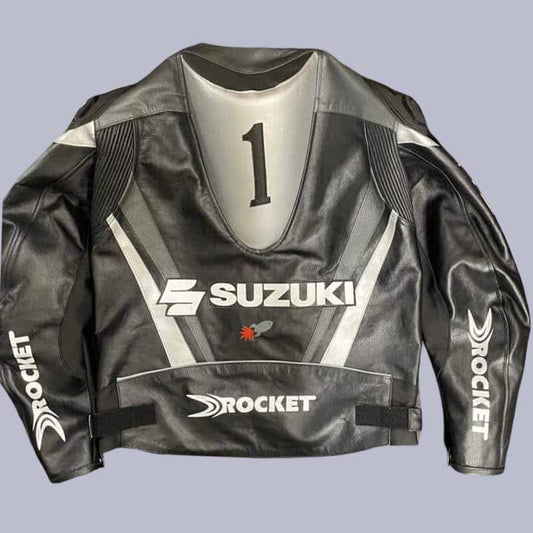 Back view of Suzuki GSXR leather riding jacket with reflective piping