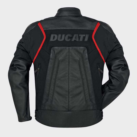 Back view of Ducati Fighter C1 Men's CE Certified Cowhide Leather Motorcycle Jacket showing rear air vents for breathability during long rides by Jackets Kingdom